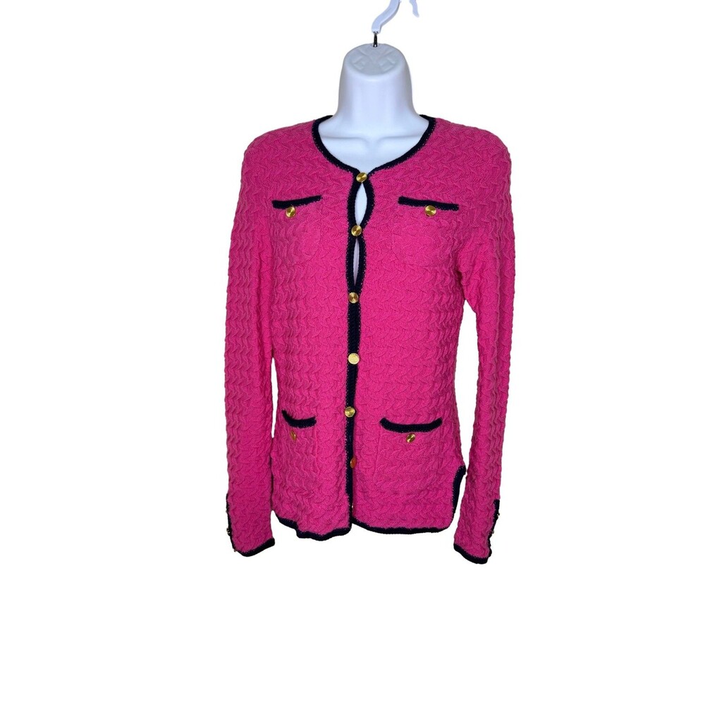 Trina Turk Fuchsia Pink Cardigan Jacket Gold Buttons Textured Knit sz S